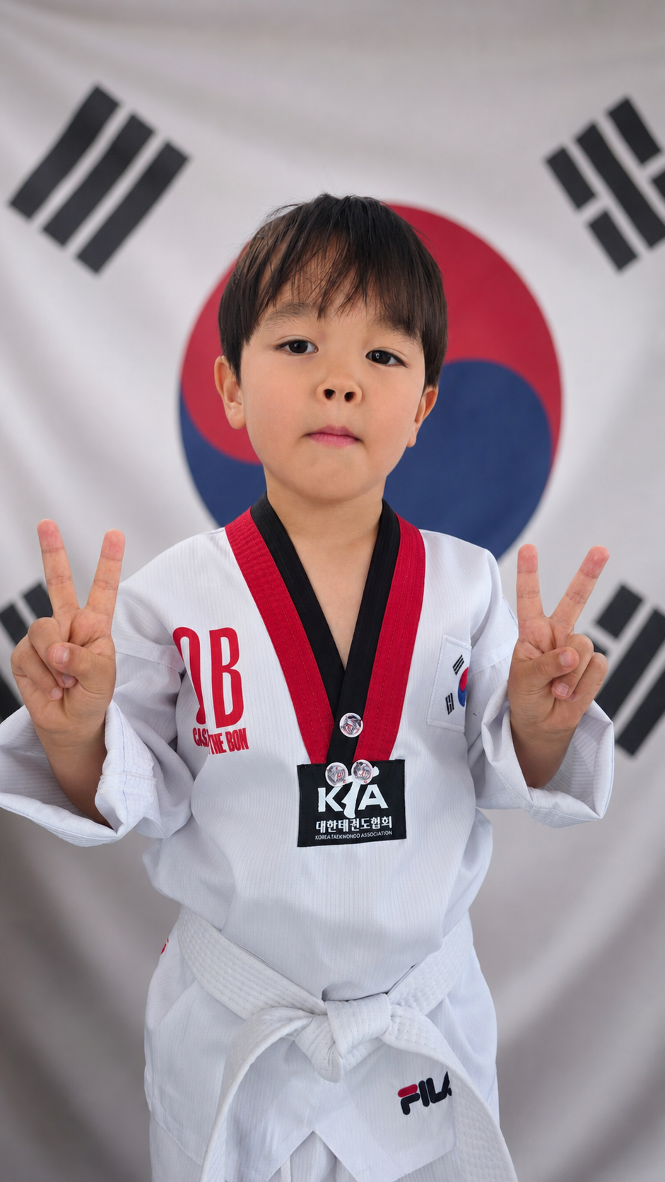 태극기 배경 앞에서 힘차게 자세를 취하는 어린이 수련생