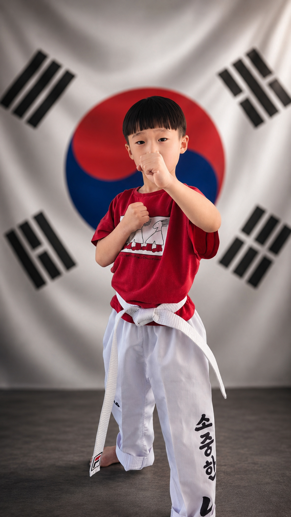 태극기 배경의 어린이 태권도 수련생