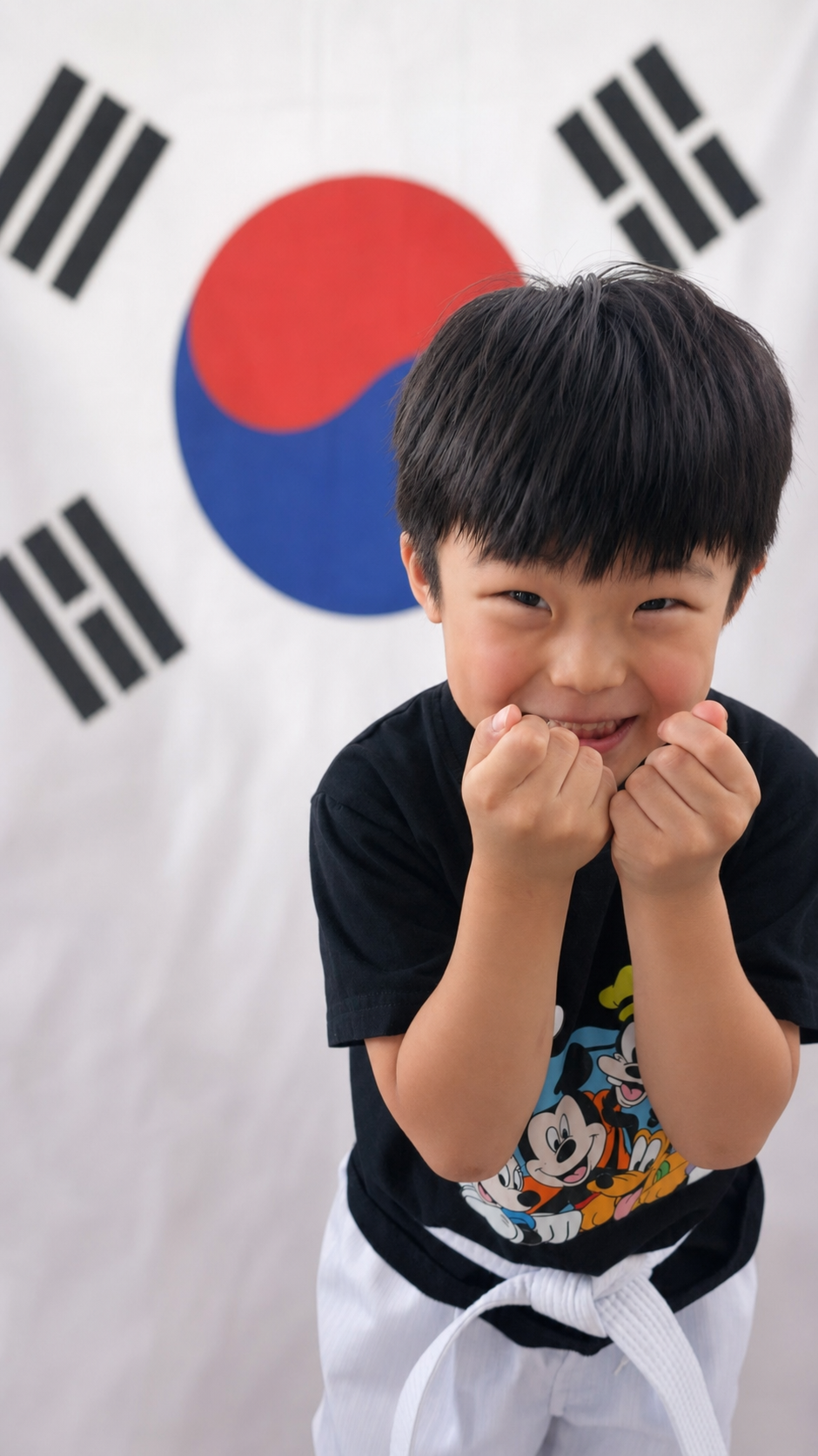 태극기 배경 앞의 어린이 수련생